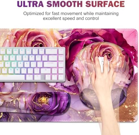 Gaming Mouse Pad Large Desk Mat, Cute Purple Marble Rose Desk Pad