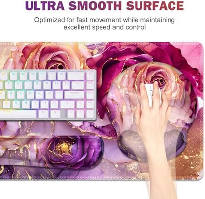 Gaming Mouse Pad Large Desk Mat, Cute Purple Marble Rose Desk Pad