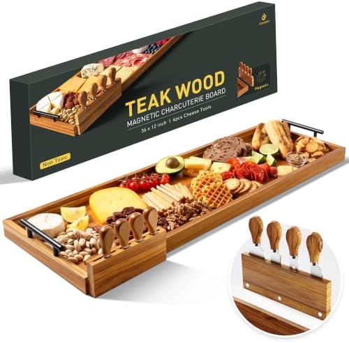 Socisen Teak 36 in Large Charcuterie Board with 4-Piece Cheese Knife