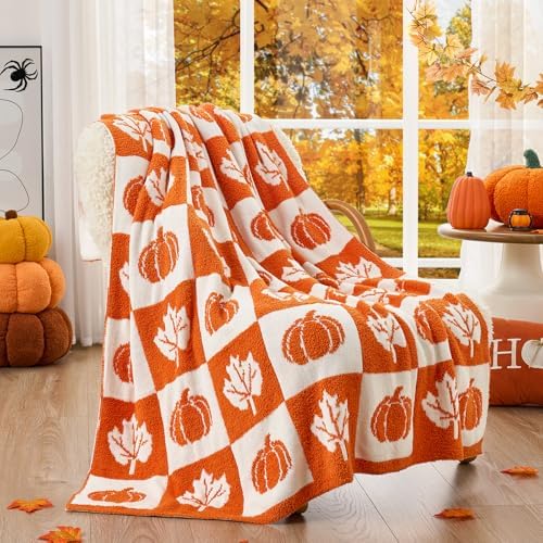 Snuggle Sac Fall Checkered Blanket Orange Pumpkin Maple Leaf Throw