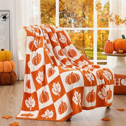 Snuggle Sac Fall Checkered Blanket Orange Pumpkin Maple Leaf Throw