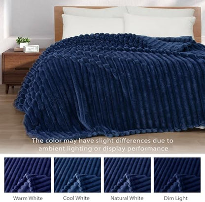 Exclusivo Mezcla Striped Fleece Throw Blanket for Couch, Sofa, Navy
