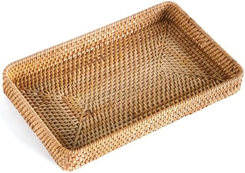 Rattan Serving Tray, Woven Wicker Rectangle Shallow Basket for