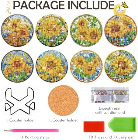 Sunflower Diamond Art Painting Coasters - 8 PCS Colorful Glass Diamond