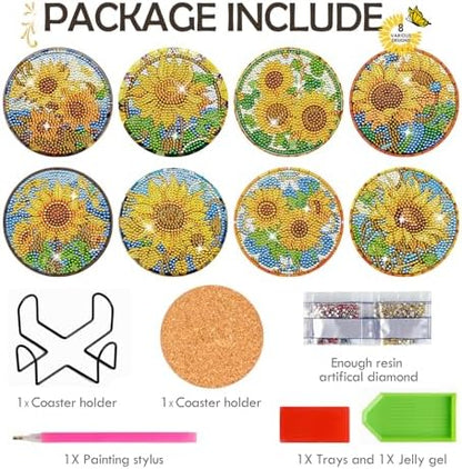Sunflower Diamond Art Painting Coasters - 8 PCS Colorful Glass Diamond