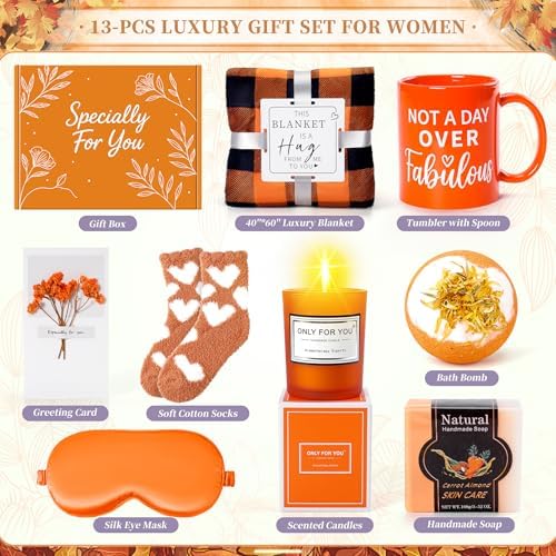 13PCS Fall Gift-Orange Gifts for Women,Thank You Birthday Baskets for