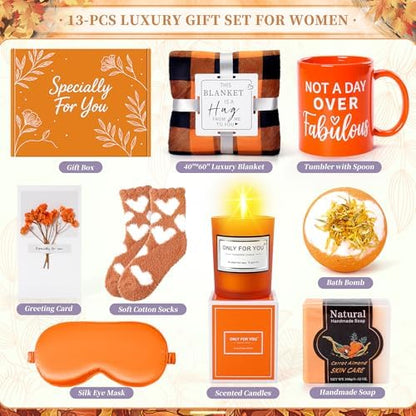 13PCS Fall Gift-Orange Gifts for Women,Thank You Birthday Baskets for