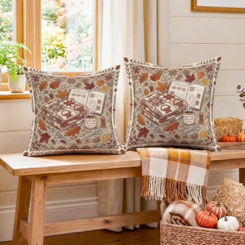 Cozy Autumn Reading Nook Quote Leaves Throw Pillow Covers 16x16 Set of