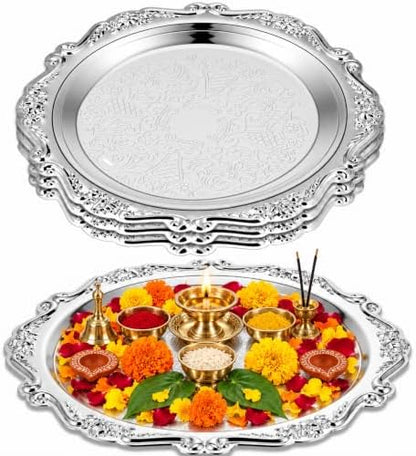 4 Pcs Vintage Silver Tray Indian Pooja Return Gift, Round Silver