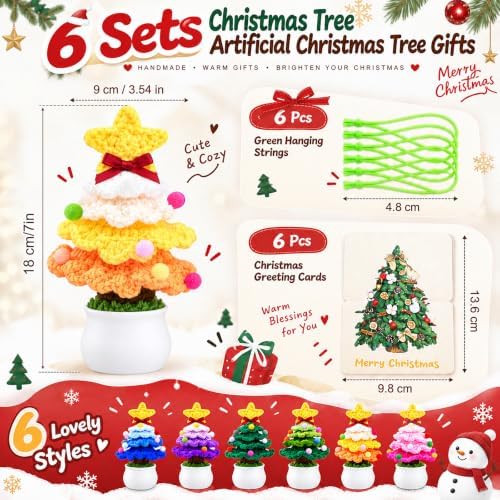 Soaoo 6 Sets Crochet Christmas Tree Gifts with Merry Christmas Cards