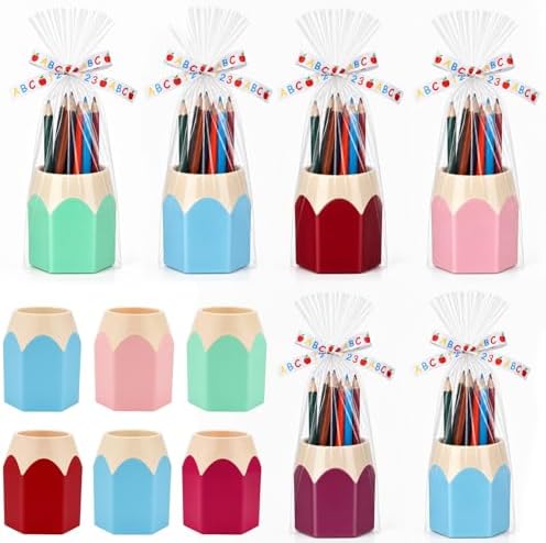 12 Set Pencil Shaped Pen Holders with Gift Bags & Ribbon, Cute Desktop