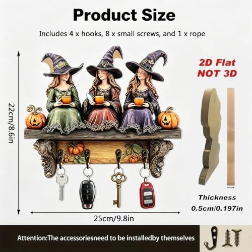 Halloween Witch Key Holder Wall Mount,2D Wooden Wall Decor with 4