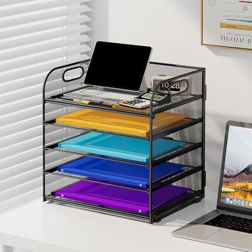 Cawukege 5 Tier Paper Organizer with Handle, Black Metal Mesh Desk
