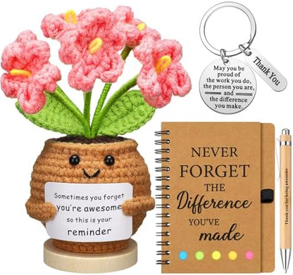 Wavwavw 4 Pcs Thank You Gift Set, Crochet Decor Keychain Notebook