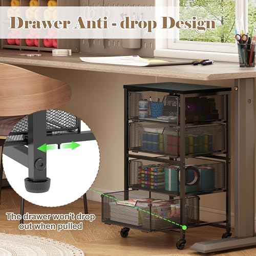 Rolling Cart with Drawers, 4-Drawer Storage Cart on Wheels with Wooden