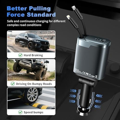 84W Retractable Car Charger, 4-in-1 Car Charger USB C Fast Charge