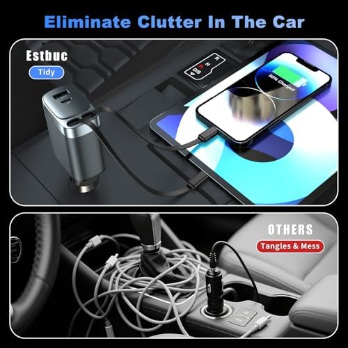 84W Retractable Car Charger, 4-in-1 Car Charger USB C Fast Charge