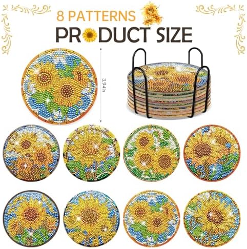 Sunflower Diamond Art Painting Coasters - 8 PCS Colorful Glass Diamond