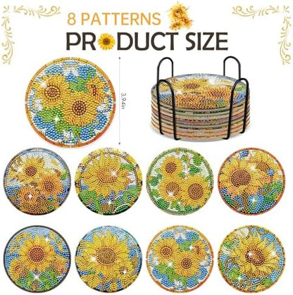 Sunflower Diamond Art Painting Coasters - 8 PCS Colorful Glass Diamond