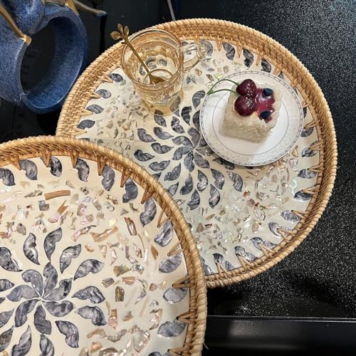 14 inch Round Rattan Tray Home Decor, Wicker Serving Tray with Mother