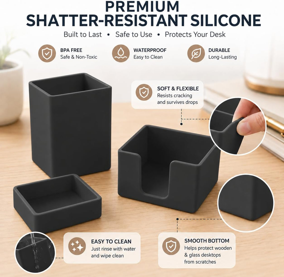 minimaliving Aesthetic Silicone Desk Organizer Set of 3,Modern Office Desk Accessories with Pen Holder,Paperclip Tray,Sticky Note Holder,Stylish Functional Office Desk Decor for Back-to-school(Black)