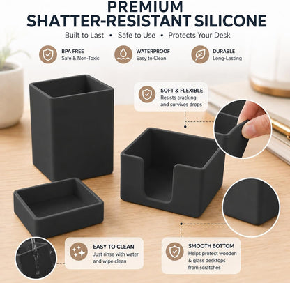 minimaliving Aesthetic Silicone Desk Organizer Set of 3,Modern Office Desk Accessories with Pen Holder,Paperclip Tray,Sticky Note Holder,Stylish Functional Office Desk Decor for Back-to-school(Black)