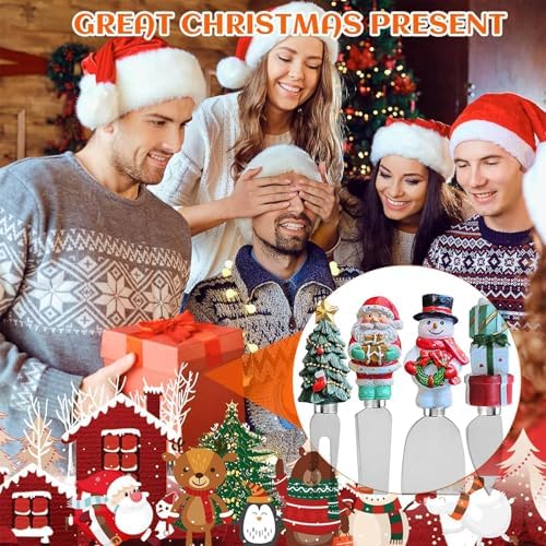 Linwnil 4-Piece Hand Christmas Resin Handles Cheese Knives, Xmas Charm