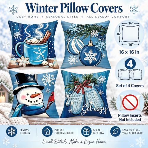 Winter Christmas Pillow Covers Set of 4 16x16 Inch Blue Snowman