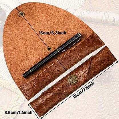 Zonon 2 Pieces Vintage Handmade Leather Pen Case Carved Roll Leather