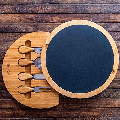 Bamboo Cheese Board with Knife Set and Slate – 12 inch Round
