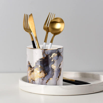Marble Pencil Holder, Durable Ceramic Desk Organizer Office Supplies,Desktop Stationary Organizer,Multi-Functional Pencil Storage for Desktop Accessories,Office,Classroom,Home,Gray Gold