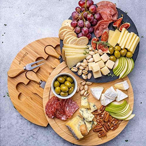 Bamboo Cheese Board with Knife Set and Slate – 12 inch Round
