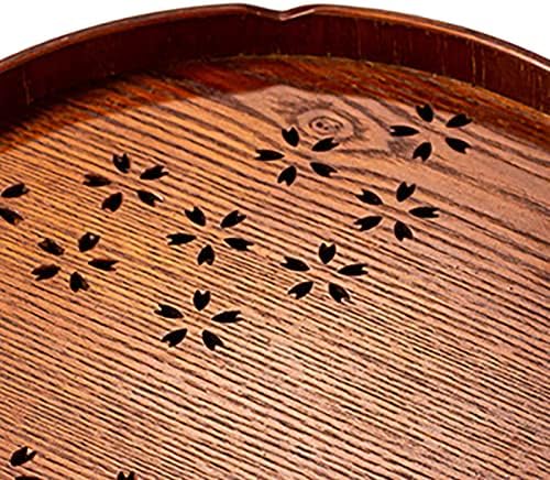 Tea Tray,Round Wooden Cherry Blossom Pattern Tray Japanese Style Food