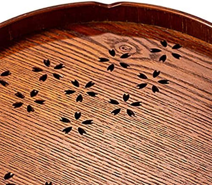 Tea Tray,Round Wooden Cherry Blossom Pattern Tray Japanese Style Food