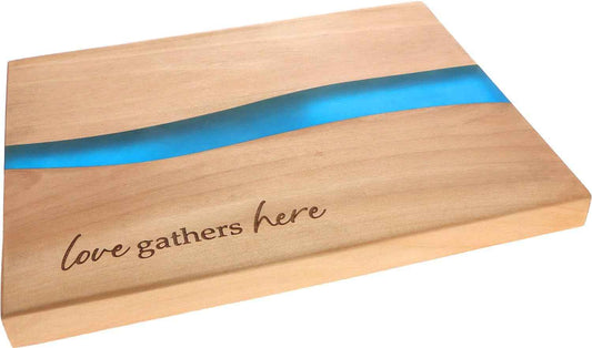 Pavilion Gift Company - Love Gathers Here - 9" x 7" Serving Cheese Bread Wooden & Resin Board With Brushed Silver Spreader Knife Set Housewarming Hostess Host Charcuterie Gift Present