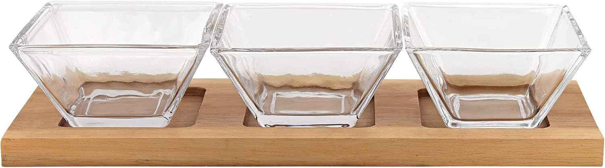 Elegant and Modern Decorative Hostess Set – 4 pc With 3 Glass Condiment or Dip Bowls on a Wood Tray, 12x2.5x4.5 Inches