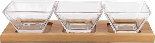 Elegant and Modern Decorative Hostess Set – 4 pc With 3 Glass Condiment or Dip Bowls on a Wood Tray, 12x2.5x4.5 Inches