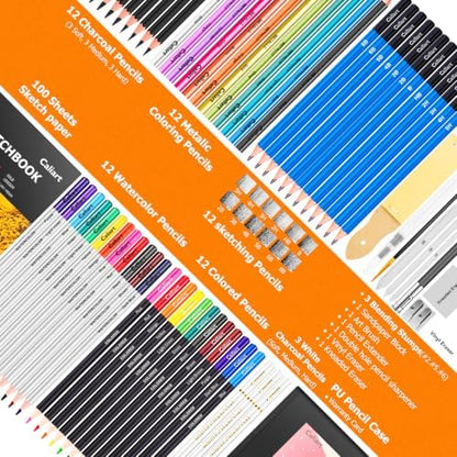 Caliart 176PCS Art Supplies Sketching Kit, 100 Sheets 3-Color Sketch