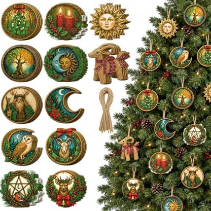 48 Pcs Wooden Yule Tree Ornaments, Vintage Pagan Christmas Hanging