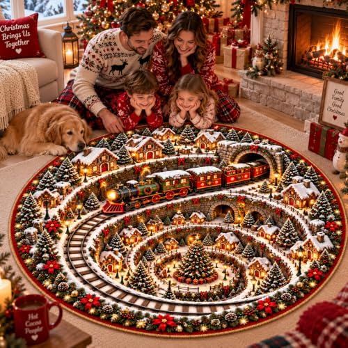 IZI POD 3D Snowy Town Christmas Round Rug, 3D Rugs Optical Illusion