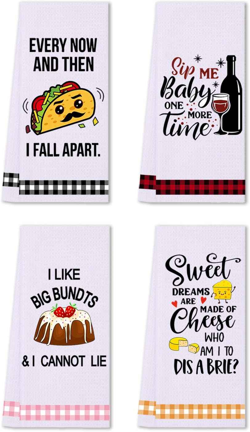 LXOMILL Funny Kitchen Towels, Cute Dish Towels, Housewarming Gifts for Women, Set of 4
