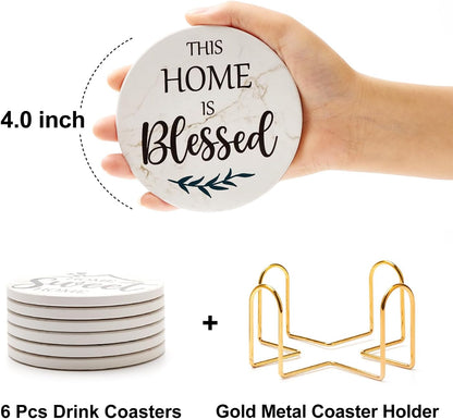 Farmhouse Ceramic Coasters with Holder, Set of 6