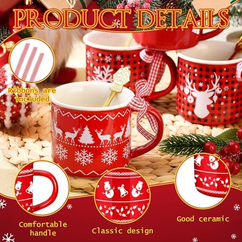 Baderke 6 Set 11 oz Christmas Coffee Mugs Spoons, Plaid