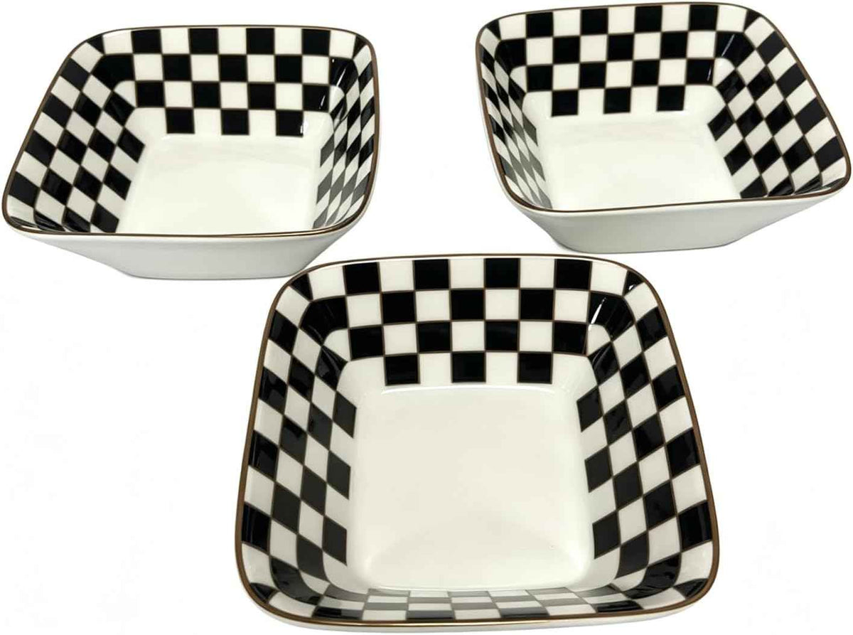 Set of 3 Checkered Square Bowls 20oz- Aesthetic Black and White Ceramic Snack & Dessert Bowls with Gold Rim, Checkerboard Decorative Catchall Dish, Eclectic Kitchen Decor & Entertaining Serving Set