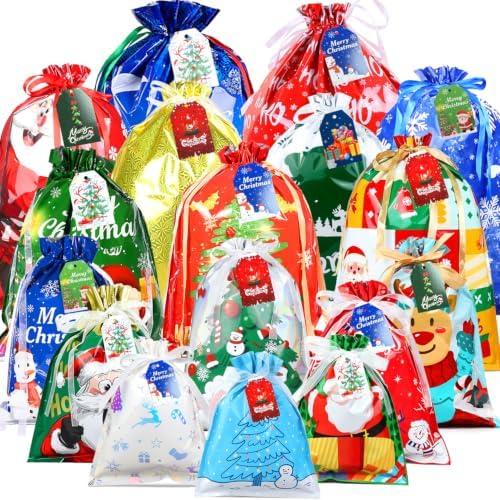 BWFY 40 Pcs Christmas Drawstring Gift Bags, 6 Sizes, 17 Patterns