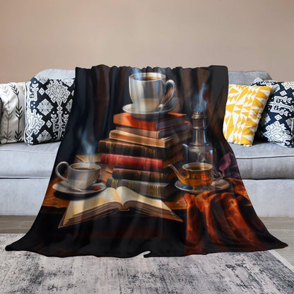 Plush Throw Fleece Blanket - Coffee and Books Oil Painting, Warm Cozy