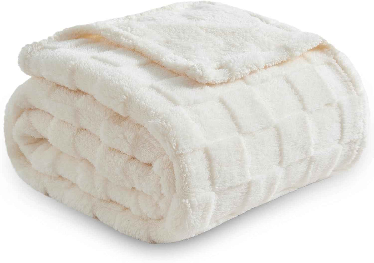 Ivory Checkered Fleece Throw Blanket