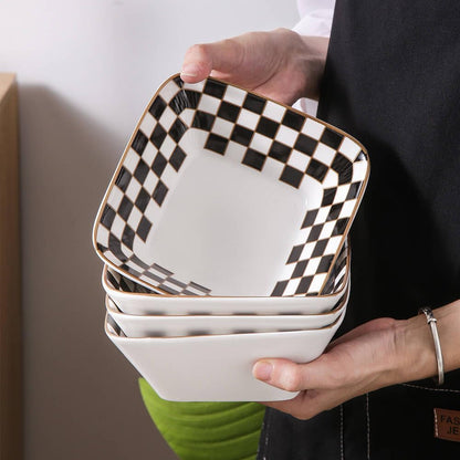 Set of 3 Checkered Square Bowls 20oz- Aesthetic Black and White Ceramic Snack & Dessert Bowls with Gold Rim, Checkerboard Decorative Catchall Dish, Eclectic Kitchen Decor & Entertaining Serving Set