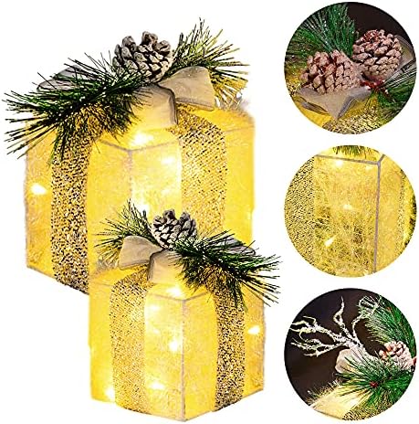 Hourleey Set of 3 Christmas Lighted Gift Boxes, Pre-lit 60 LED Light