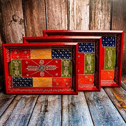 Swadeshi Blessings Hand-Painted Wooden Serving Tray Set of 3, Antique